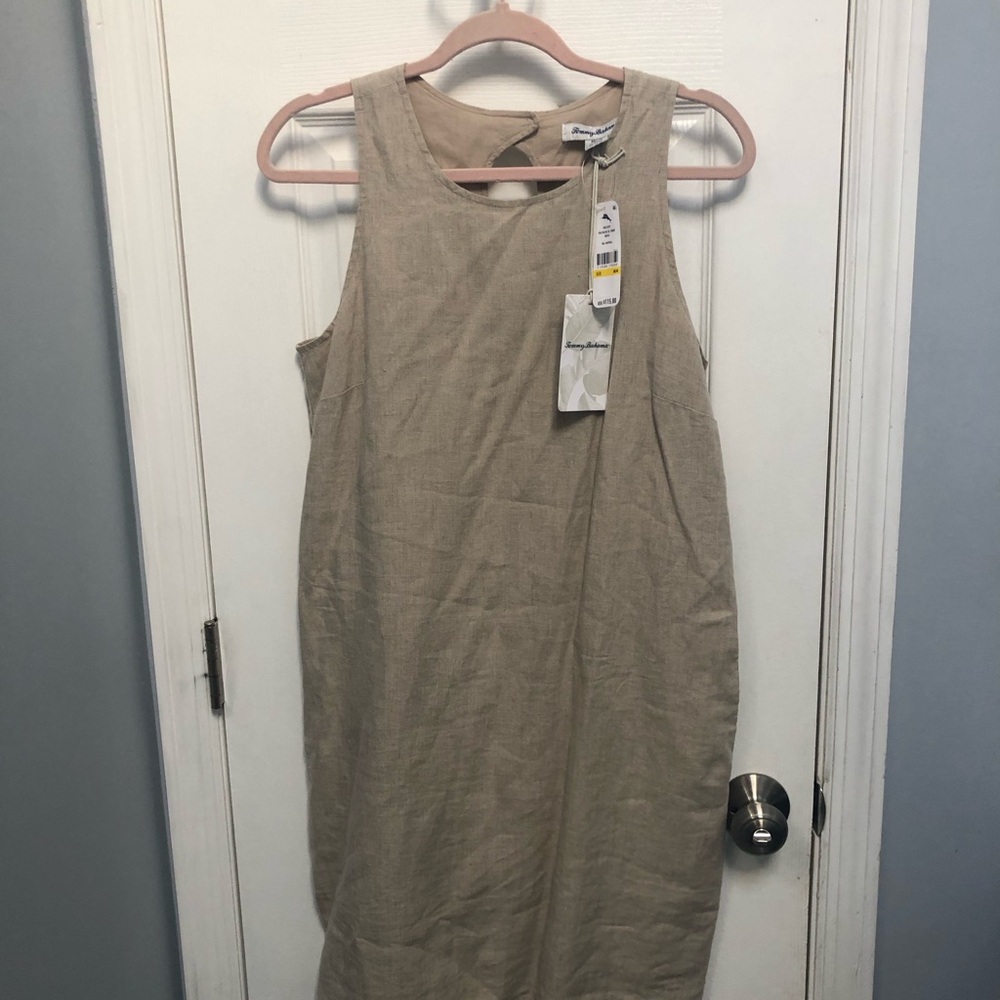 Tommy Bahama NWT Two Palms tan linen fringe sleeveless Short dress Med coastal